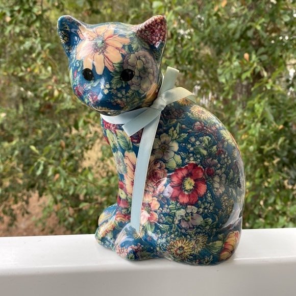 Ceramic Paper Mache Look Cats Blue & Green Floral or Pink & Orange Floral Cat - Picture 2 of 7